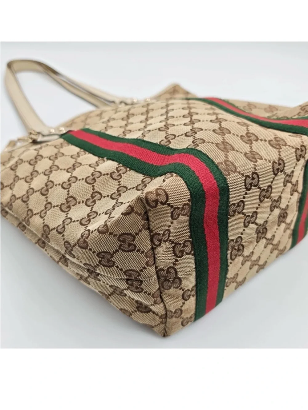 Gucci Beige GG Canvas Tote with Green-Red Stripe - Picture 12 of 14